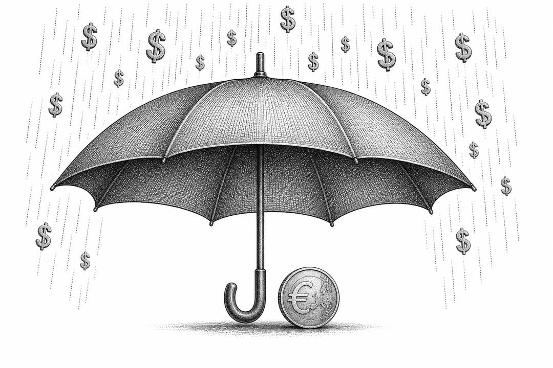 雨伞为欧元硬币遮挡美元雨的铜版画